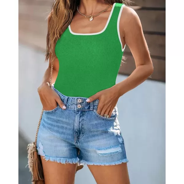 imagePRETTYGARDEN Womens Summer Tank Top Ribbed Knit Scoop Neck Sleeveless Color Block Slim Fitted Tops Basic Casual Tee ShirtsGreen
