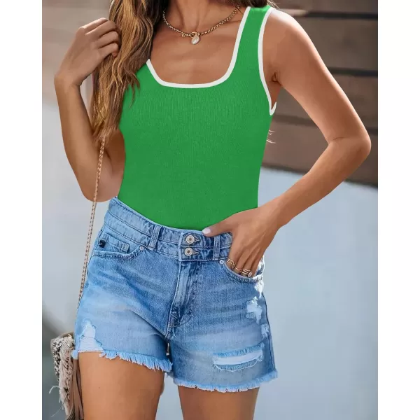 imagePRETTYGARDEN Womens Summer Tank Top Ribbed Knit Scoop Neck Sleeveless Color Block Slim Fitted Tops Basic Casual Tee ShirtsGreen