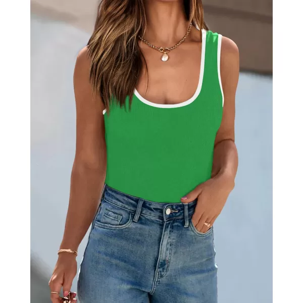 imagePRETTYGARDEN Womens Summer Tank Top Ribbed Knit Scoop Neck Sleeveless Color Block Slim Fitted Tops Basic Casual Tee ShirtsGreen