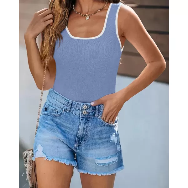 imagePRETTYGARDEN Womens Summer Tank Top Ribbed Knit Scoop Neck Sleeveless Color Block Slim Fitted Tops Basic Casual Tee ShirtsGrey Blue