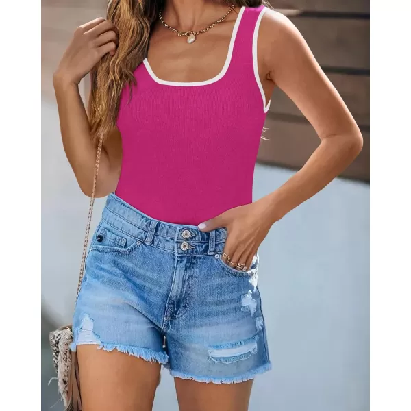 imagePRETTYGARDEN Womens Summer Tank Top Ribbed Knit Scoop Neck Sleeveless Color Block Slim Fitted Tops Basic Casual Tee ShirtsRose Red