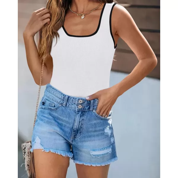 imagePRETTYGARDEN Womens Summer Tank Top Ribbed Knit Scoop Neck Sleeveless Color Block Slim Fitted Tops Basic Casual Tee ShirtsWhite