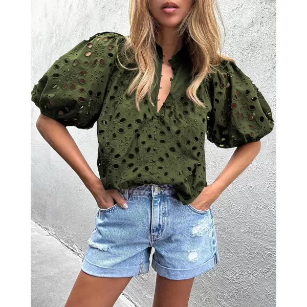 imagePRETTYGARDEN Womens Summer Tops Dressy Casual Short Lantern Sleeve V Neck Buttons Hollow Out Lace Embroidered Blouses ShirtsArmy Green
