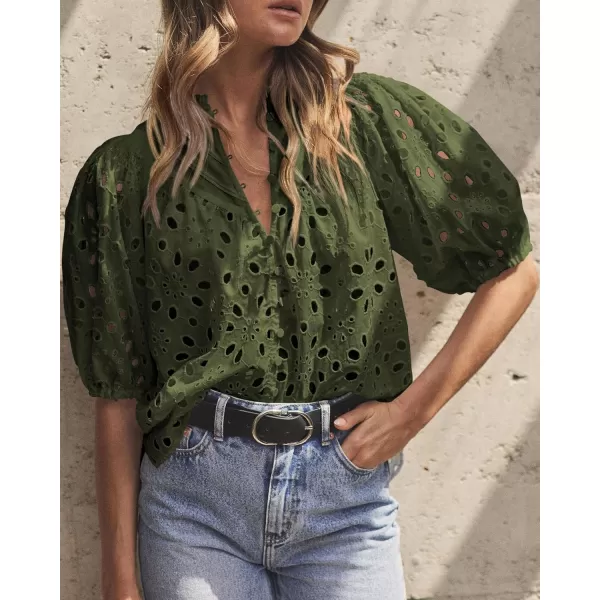 imagePRETTYGARDEN Womens Summer Tops Dressy Casual Short Lantern Sleeve V Neck Buttons Hollow Out Lace Embroidered Blouses ShirtsArmy Green