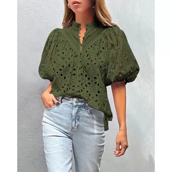 imagePRETTYGARDEN Womens Summer Tops Dressy Casual Short Lantern Sleeve V Neck Buttons Hollow Out Lace Embroidered Blouses ShirtsArmy Green