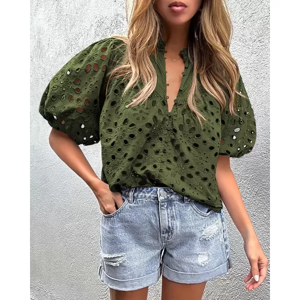 imagePRETTYGARDEN Womens Summer Tops Dressy Casual Short Lantern Sleeve V Neck Buttons Hollow Out Lace Embroidered Blouses ShirtsArmy Green