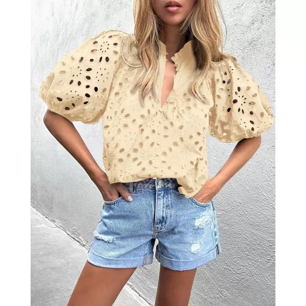 imagePRETTYGARDEN Womens Summer Tops Dressy Casual Short Lantern Sleeve V Neck Buttons Hollow Out Lace Embroidered Blouses ShirtsBeige