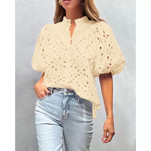 imagePRETTYGARDEN Womens Summer Tops Dressy Casual Short Lantern Sleeve V Neck Buttons Hollow Out Lace Embroidered Blouses ShirtsBeige