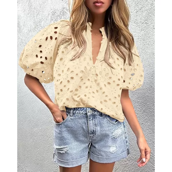 imagePRETTYGARDEN Womens Summer Tops Dressy Casual Short Lantern Sleeve V Neck Buttons Hollow Out Lace Embroidered Blouses ShirtsBeige