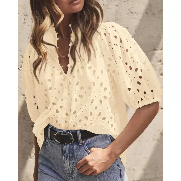 imagePRETTYGARDEN Womens Summer Tops Dressy Casual Short Lantern Sleeve V Neck Buttons Hollow Out Lace Embroidered Blouses ShirtsBeige