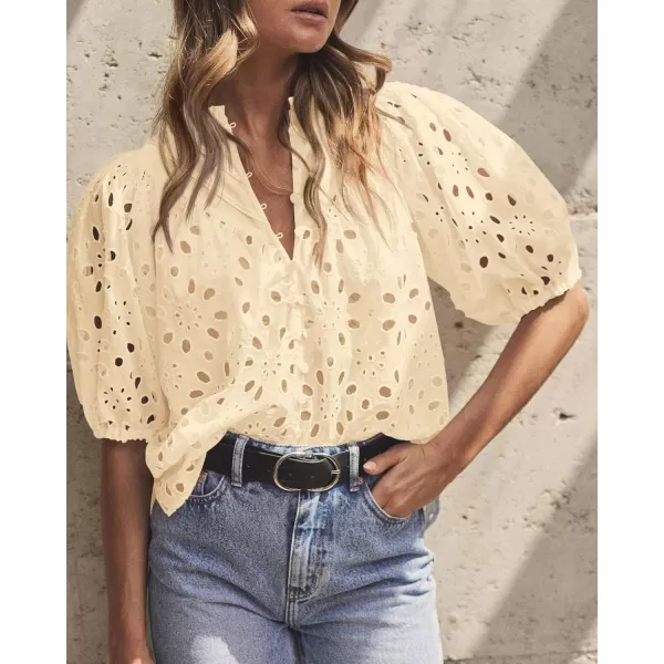 imagePRETTYGARDEN Womens Summer Tops Dressy Casual Short Lantern Sleeve V Neck Buttons Hollow Out Lace Embroidered Blouses ShirtsBeige