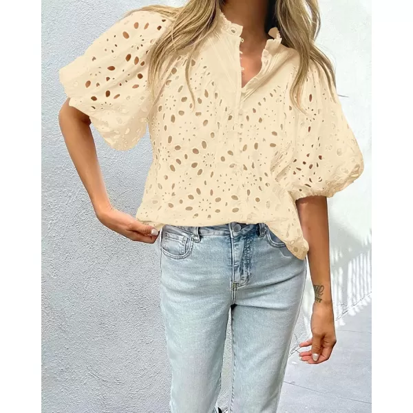 imagePRETTYGARDEN Womens Summer Tops Dressy Casual Short Lantern Sleeve V Neck Buttons Hollow Out Lace Embroidered Blouses ShirtsBeige
