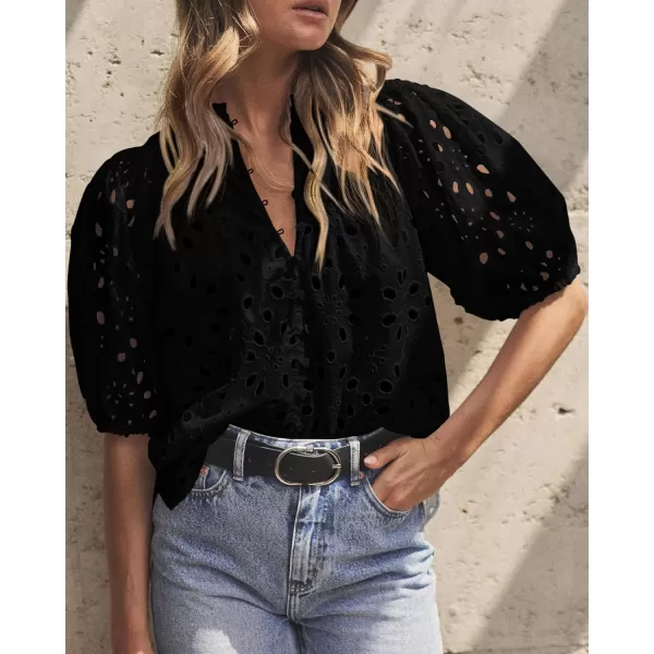 imagePRETTYGARDEN Womens Summer Tops Dressy Casual Short Lantern Sleeve V Neck Buttons Hollow Out Lace Embroidered Blouses ShirtsBlack