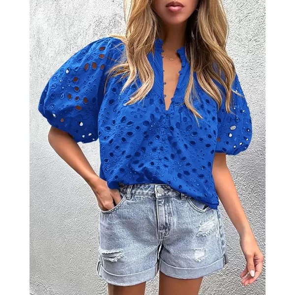 imagePRETTYGARDEN Womens Summer Tops Dressy Casual Short Lantern Sleeve V Neck Buttons Hollow Out Lace Embroidered Blouses ShirtsBlue