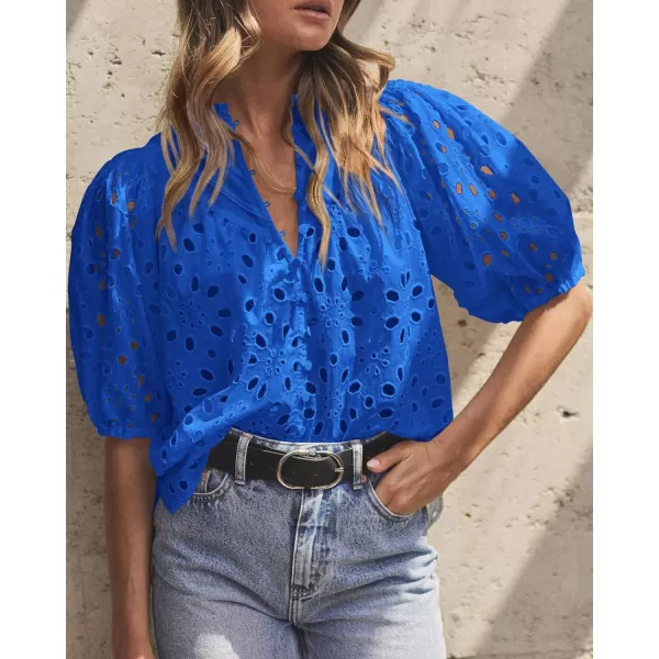 imagePRETTYGARDEN Womens Summer Tops Dressy Casual Short Lantern Sleeve V Neck Buttons Hollow Out Lace Embroidered Blouses ShirtsBlue