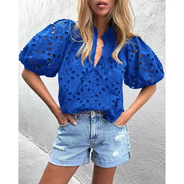 imagePRETTYGARDEN Womens Summer Tops Dressy Casual Short Lantern Sleeve V Neck Buttons Hollow Out Lace Embroidered Blouses ShirtsBlue