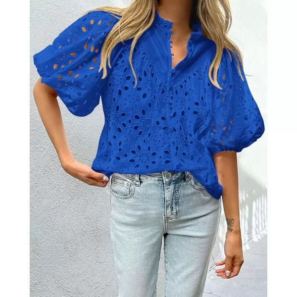 imagePRETTYGARDEN Womens Summer Tops Dressy Casual Short Lantern Sleeve V Neck Buttons Hollow Out Lace Embroidered Blouses ShirtsBlue
