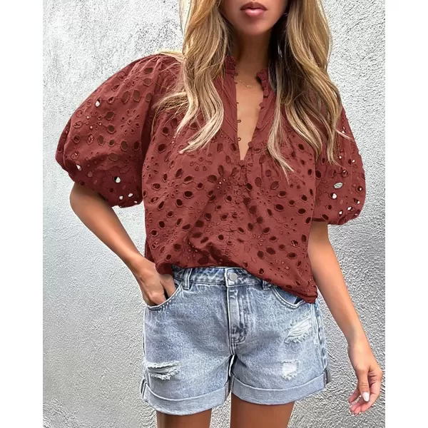 imagePRETTYGARDEN Womens Summer Tops Dressy Casual Short Lantern Sleeve V Neck Buttons Hollow Out Lace Embroidered Blouses ShirtsBrown Red