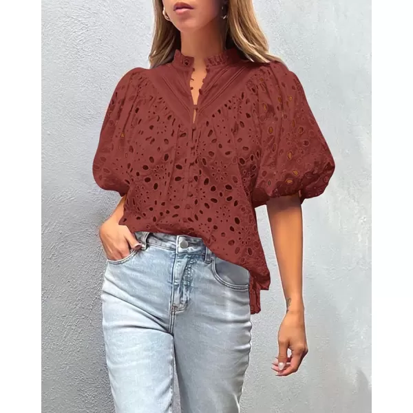 imagePRETTYGARDEN Womens Summer Tops Dressy Casual Short Lantern Sleeve V Neck Buttons Hollow Out Lace Embroidered Blouses ShirtsBrown Red