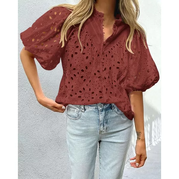 imagePRETTYGARDEN Womens Summer Tops Dressy Casual Short Lantern Sleeve V Neck Buttons Hollow Out Lace Embroidered Blouses ShirtsBrown Red