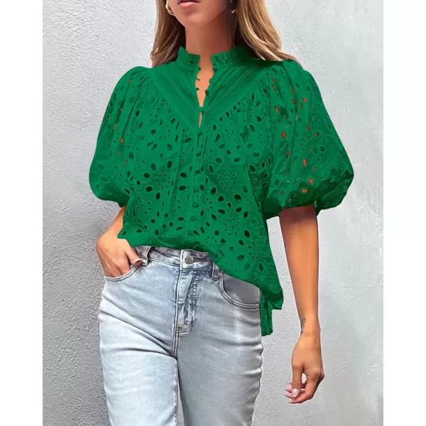 imagePRETTYGARDEN Womens Summer Tops Dressy Casual Short Lantern Sleeve V Neck Buttons Hollow Out Lace Embroidered Blouses ShirtsDark Green