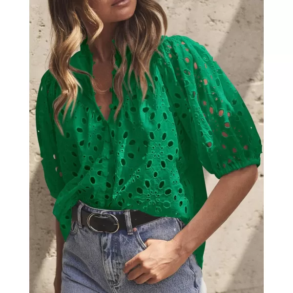 imagePRETTYGARDEN Womens Summer Tops Dressy Casual Short Lantern Sleeve V Neck Buttons Hollow Out Lace Embroidered Blouses ShirtsDark Green