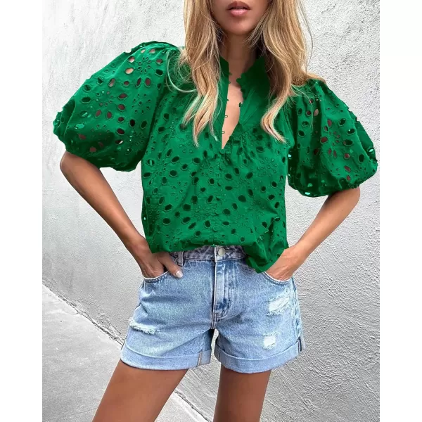 imagePRETTYGARDEN Womens Summer Tops Dressy Casual Short Lantern Sleeve V Neck Buttons Hollow Out Lace Embroidered Blouses ShirtsDark Green