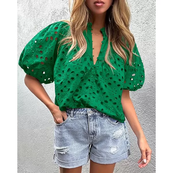 imagePRETTYGARDEN Womens Summer Tops Dressy Casual Short Lantern Sleeve V Neck Buttons Hollow Out Lace Embroidered Blouses ShirtsDark Green