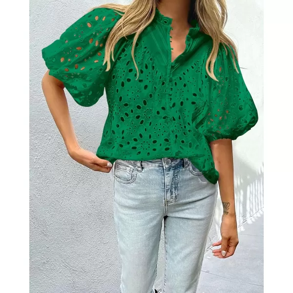 imagePRETTYGARDEN Womens Summer Tops Dressy Casual Short Lantern Sleeve V Neck Buttons Hollow Out Lace Embroidered Blouses ShirtsDark Green