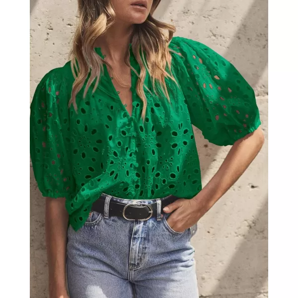 imagePRETTYGARDEN Womens Summer Tops Dressy Casual Short Lantern Sleeve V Neck Buttons Hollow Out Lace Embroidered Blouses ShirtsDark Green