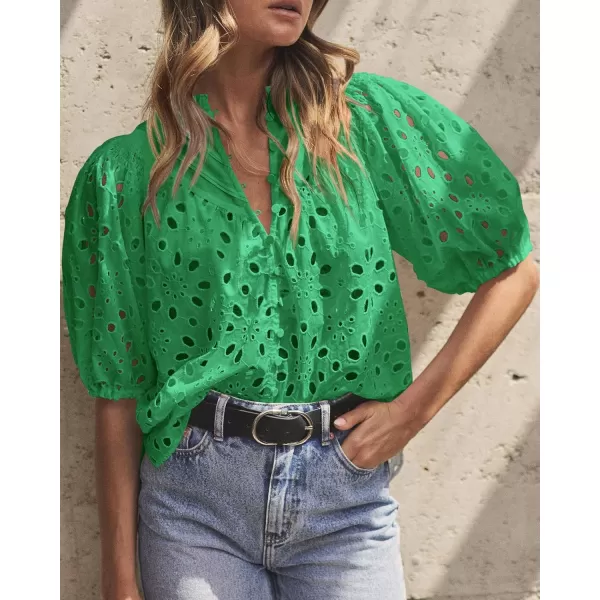 imagePRETTYGARDEN Womens Summer Tops Dressy Casual Short Lantern Sleeve V Neck Buttons Hollow Out Lace Embroidered Blouses ShirtsGreen