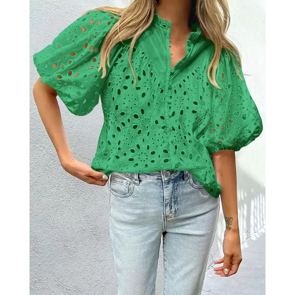imagePRETTYGARDEN Womens Summer Tops Dressy Casual Short Lantern Sleeve V Neck Buttons Hollow Out Lace Embroidered Blouses ShirtsGreen