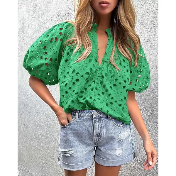 imagePRETTYGARDEN Womens Summer Tops Dressy Casual Short Lantern Sleeve V Neck Buttons Hollow Out Lace Embroidered Blouses ShirtsGreen