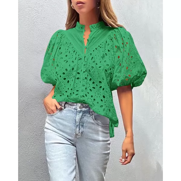 imagePRETTYGARDEN Womens Summer Tops Dressy Casual Short Lantern Sleeve V Neck Buttons Hollow Out Lace Embroidered Blouses ShirtsGreen
