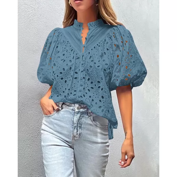 imagePRETTYGARDEN Womens Summer Tops Dressy Casual Short Lantern Sleeve V Neck Buttons Hollow Out Lace Embroidered Blouses ShirtsGrey Blue