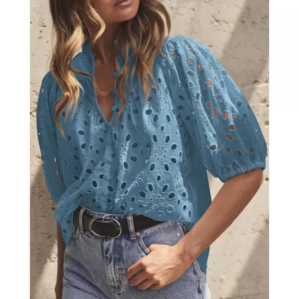 imagePRETTYGARDEN Womens Summer Tops Dressy Casual Short Lantern Sleeve V Neck Buttons Hollow Out Lace Embroidered Blouses ShirtsGrey Blue