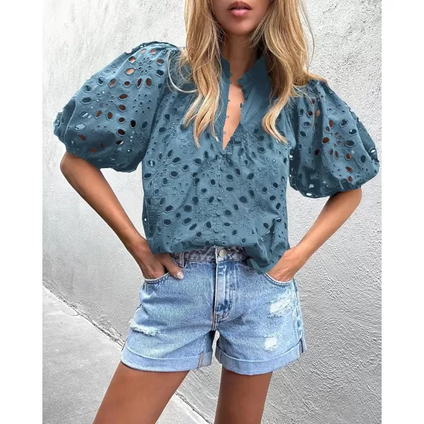 imagePRETTYGARDEN Womens Summer Tops Dressy Casual Short Lantern Sleeve V Neck Buttons Hollow Out Lace Embroidered Blouses ShirtsGrey Blue