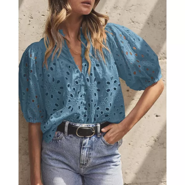 imagePRETTYGARDEN Womens Summer Tops Dressy Casual Short Lantern Sleeve V Neck Buttons Hollow Out Lace Embroidered Blouses ShirtsGrey Blue