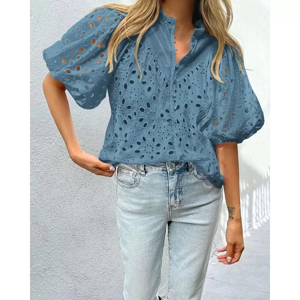 imagePRETTYGARDEN Womens Summer Tops Dressy Casual Short Lantern Sleeve V Neck Buttons Hollow Out Lace Embroidered Blouses ShirtsGrey Blue