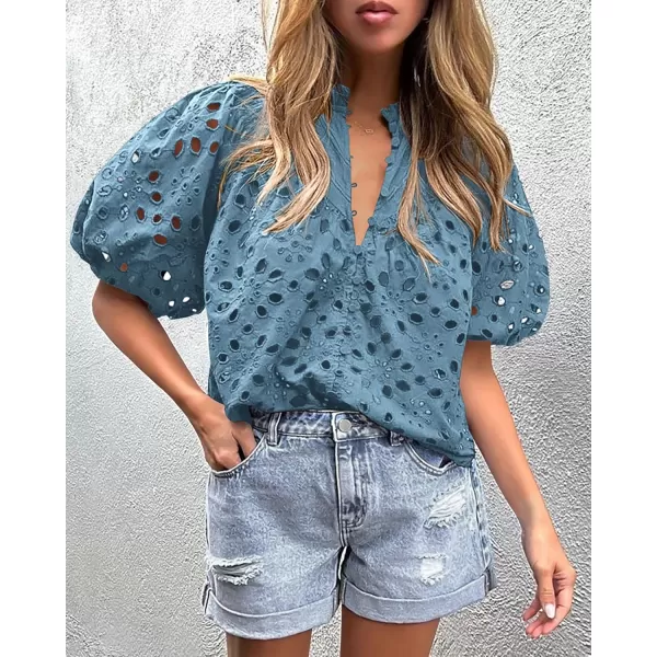 imagePRETTYGARDEN Womens Summer Tops Dressy Casual Short Lantern Sleeve V Neck Buttons Hollow Out Lace Embroidered Blouses ShirtsGrey Blue