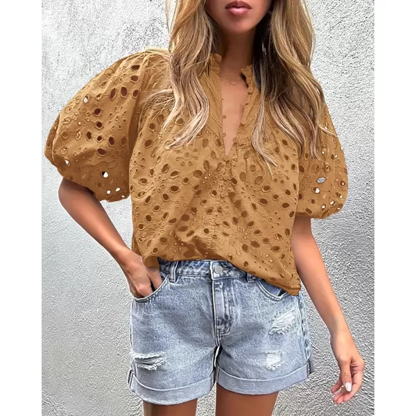 imagePRETTYGARDEN Womens Summer Tops Dressy Casual Short Lantern Sleeve V Neck Buttons Hollow Out Lace Embroidered Blouses ShirtsKhaki