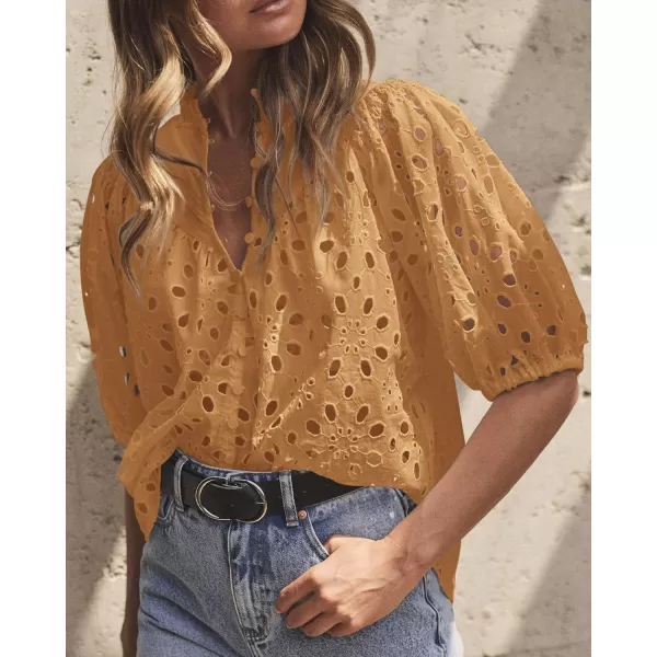 imagePRETTYGARDEN Womens Summer Tops Dressy Casual Short Lantern Sleeve V Neck Buttons Hollow Out Lace Embroidered Blouses ShirtsKhaki