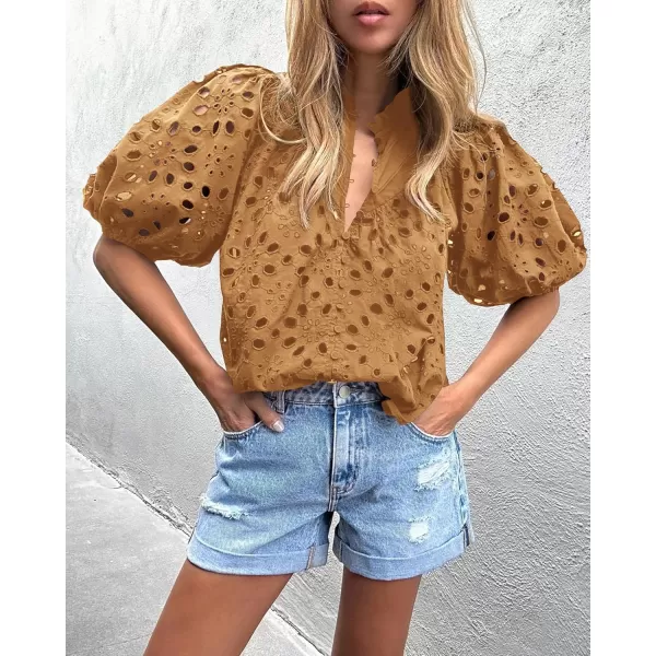 imagePRETTYGARDEN Womens Summer Tops Dressy Casual Short Lantern Sleeve V Neck Buttons Hollow Out Lace Embroidered Blouses ShirtsKhaki