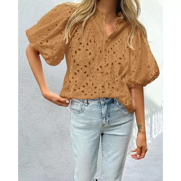 imagePRETTYGARDEN Womens Summer Tops Dressy Casual Short Lantern Sleeve V Neck Buttons Hollow Out Lace Embroidered Blouses ShirtsKhaki