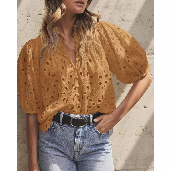 imagePRETTYGARDEN Womens Summer Tops Dressy Casual Short Lantern Sleeve V Neck Buttons Hollow Out Lace Embroidered Blouses ShirtsKhaki