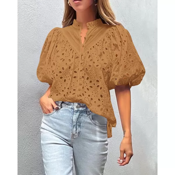 imagePRETTYGARDEN Womens Summer Tops Dressy Casual Short Lantern Sleeve V Neck Buttons Hollow Out Lace Embroidered Blouses ShirtsKhaki