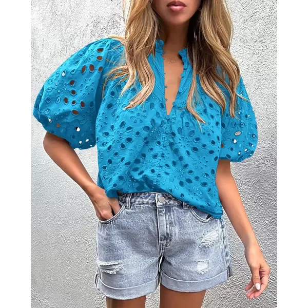 imagePRETTYGARDEN Womens Summer Tops Dressy Casual Short Lantern Sleeve V Neck Buttons Hollow Out Lace Embroidered Blouses ShirtsLake Blue