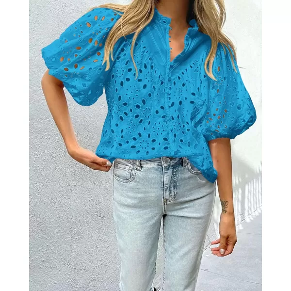 imagePRETTYGARDEN Womens Summer Tops Dressy Casual Short Lantern Sleeve V Neck Buttons Hollow Out Lace Embroidered Blouses ShirtsLake Blue