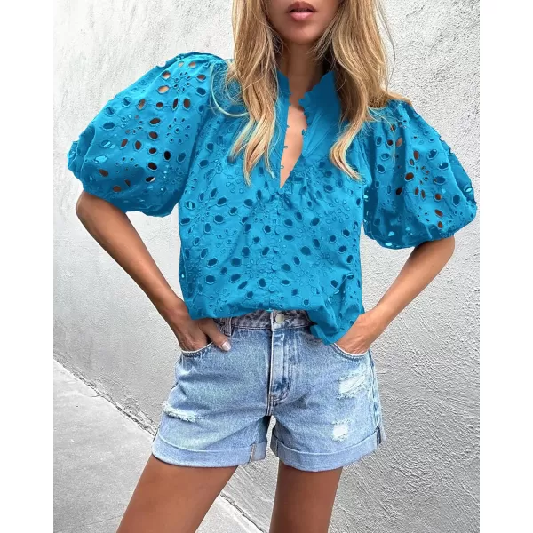 imagePRETTYGARDEN Womens Summer Tops Dressy Casual Short Lantern Sleeve V Neck Buttons Hollow Out Lace Embroidered Blouses ShirtsLake Blue