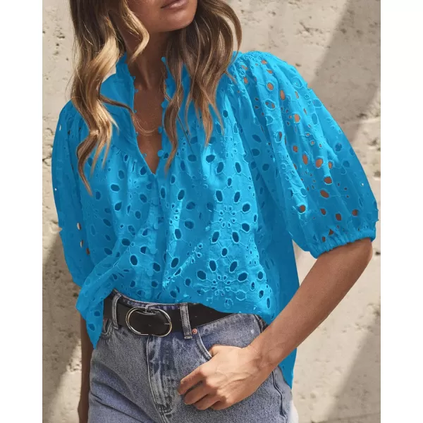 imagePRETTYGARDEN Womens Summer Tops Dressy Casual Short Lantern Sleeve V Neck Buttons Hollow Out Lace Embroidered Blouses ShirtsLake Blue